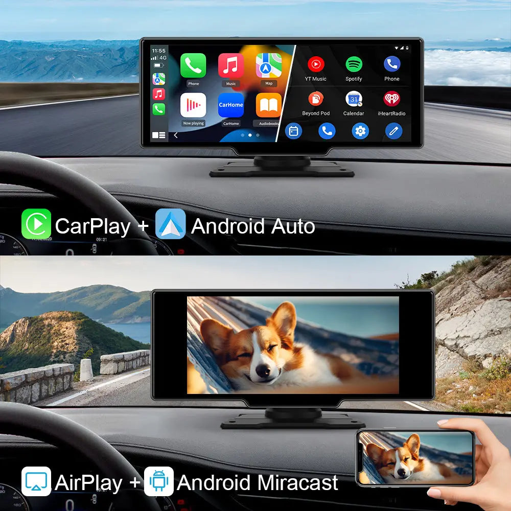 Portable 10.26" Touch Screen Apple Wireless CarPlay Android Auto Car Radio Stereo with Dash Cam, 1080P Backup Camera, Bluetooth, AirPlay, AUX/FM, Google, Siri AWESAFE