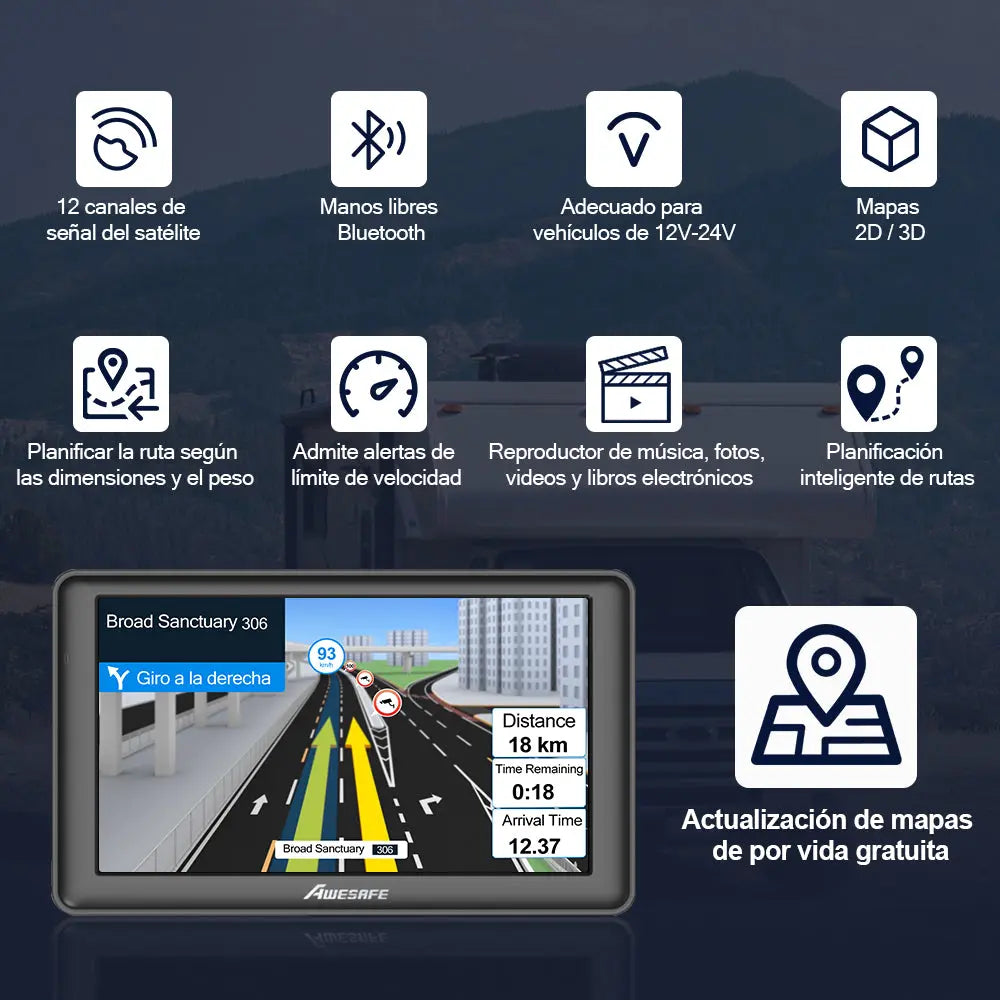 AWESAFE Navegador GPS con Bluetooth para Coches/Camiones/Autocaravana/Autobús/Furgoneta, con Mapas Europeos de 48 Países y 7 Pulgadas Pantalla Táctil AWESAFE