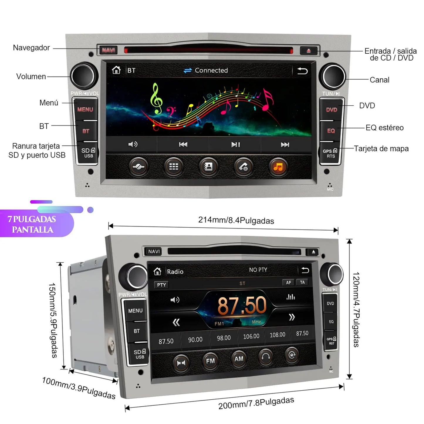 AWESAFE Radio Coche 7 Pulgadas con Pantalla Táctil 2 DIN para Opel, Autoradio con Bluetooth/GPS/FM/RDS/CD DVD/USB/SD, Apoyo Mandos Volante, Mirrorlink y Aparcamiento (Gris) AWESAFE