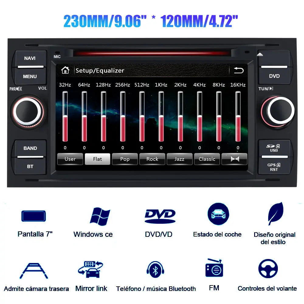 AWESAFE Radio Coche 7 Pulgadas para Ford con Pantalla Táctil 2 DIN, Autoradio de Ford con Bluetooth/GPS/FM/RDS/CD DVD/USB/SD, Apoyo Mandos Volante, Mirrorlink y Aparcamiento (Negra) AWESAFE