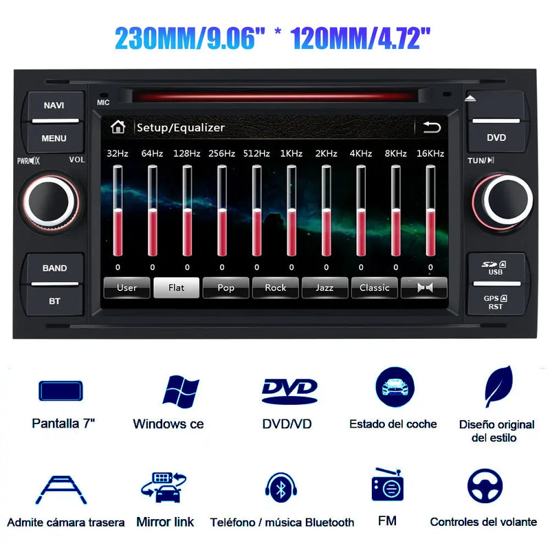 AWESAFE Radio Coche 7 Pulgadas para Ford con Pantalla Táctil 2 DIN, Autoradio de Ford con Bluetooth/GPS/FM/RDS/CD DVD/USB/SD, Apoyo Mandos Volante, Mirrorlink y Aparcamiento (Negra) AWESAFE