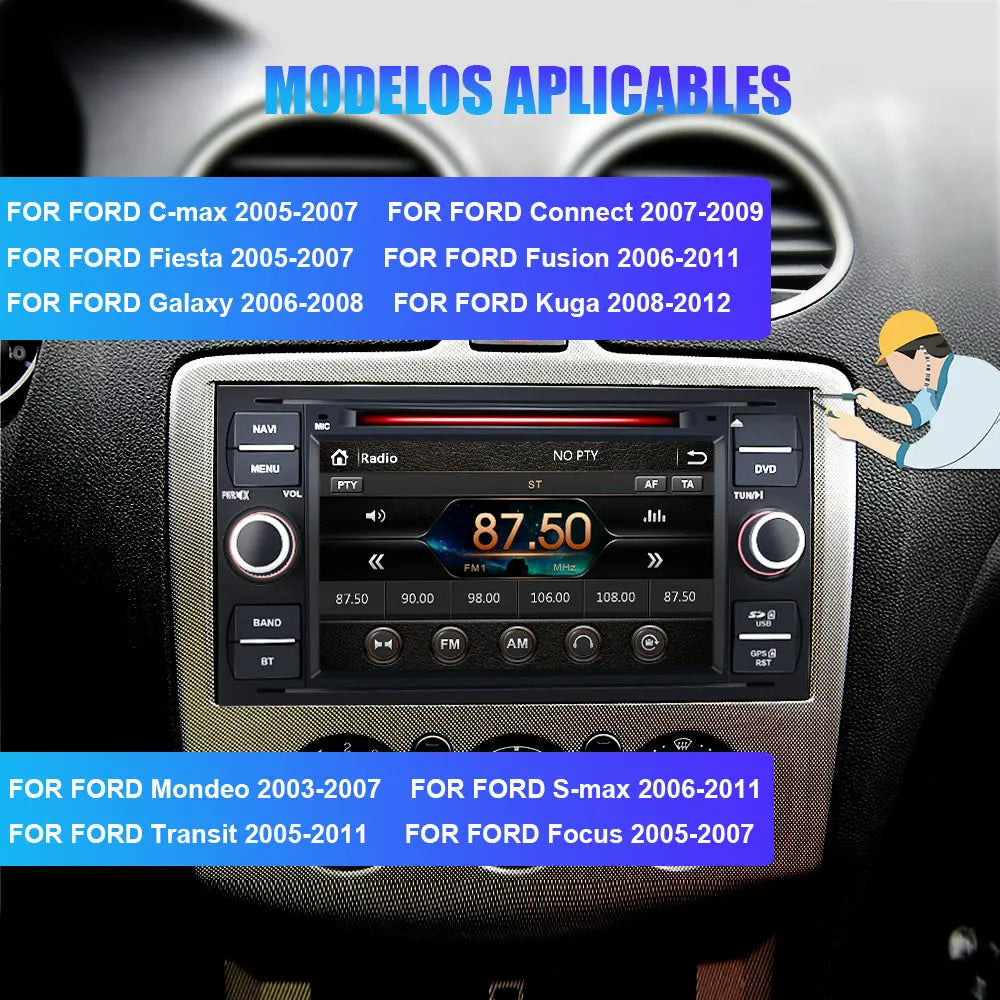AWESAFE Radio Coche 7 Pulgadas para Ford con Pantalla Táctil 2 DIN, Autoradio de Ford con Bluetooth/GPS/FM/RDS/CD DVD/USB/SD, Apoyo Mandos Volante, Mirrorlink y Aparcamiento (Negra) AWESAFE