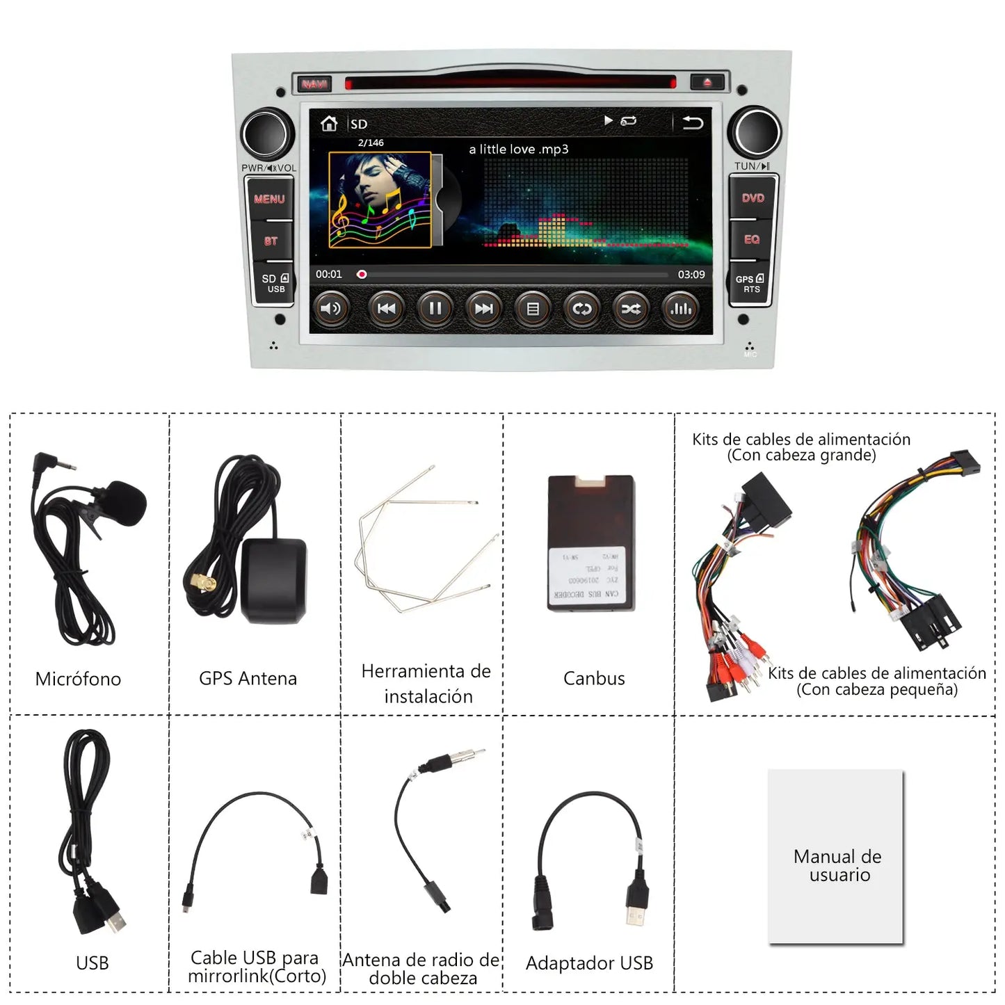 AWESAFE Radio Coche 7 Pulgadas con Pantalla Táctil 2 DIN para Opel, Opel Autoradio con Bluetooth/GPS/FM/RDS/CD DVD/USB/SD, Apoyo Mandos Volante, Mirrorlink y Aparcamiento (Plata) AWESAFE