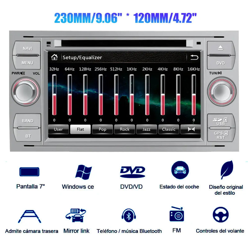 AWESAFE Radio Coche 7 Pulgadas para Ford con Pantalla Táctil 2 DIN, Autoradio de Ford con Bluetooth/GPS/FM/RDS/CD DVD/USB/SD, Apoyo Mandos Volante, Mirrorlink y Aparcamiento (Plata) AWESAFE