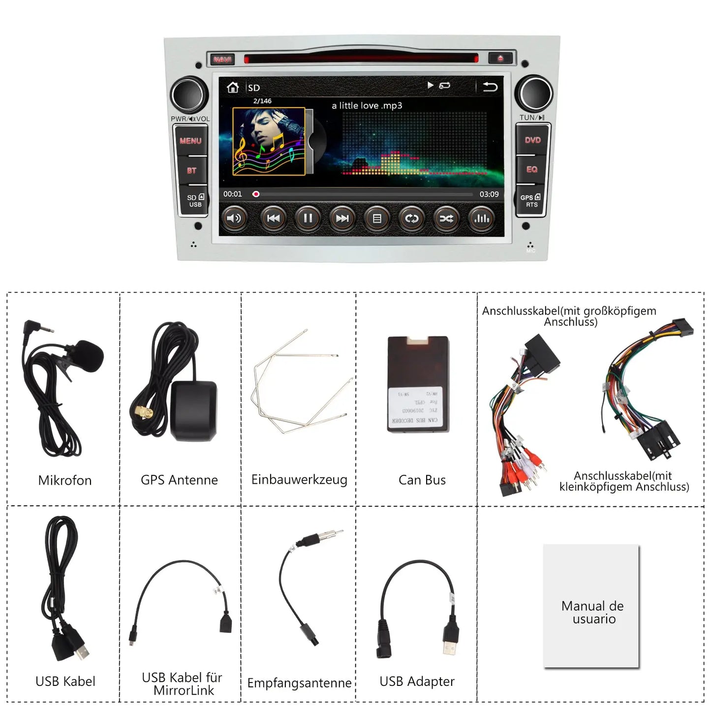 AWESAFE Car Radio 7 Inch with 2 DIN Touch Screen for Opel, Opel Autoradio with Bluetooth/GPS/FM/RDS/CD DVD/USB/SD, Support Steering Wheel Controls, Mirrorlink and Parking （white） AWESAFE