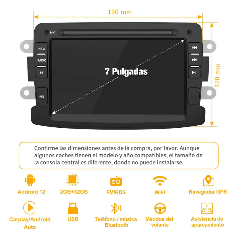 AWESAFE Android 12.0 [2GB+32GB] Radio Coche con Pantalla Táctil 7 Pulgadas, Autoradio para Renault Dacia Sandero/Duster/Logan/Captur/Lodgy/Dokker/Symbol,con Carplay y Android Auto AWESAFE